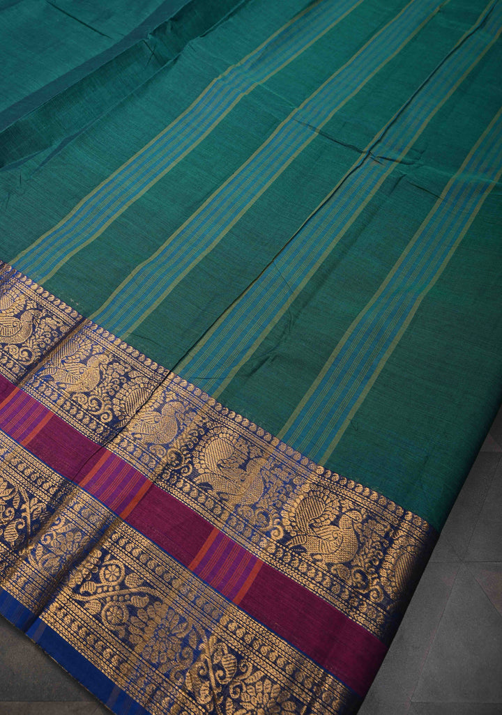 Teal Kanchi Cotton Saree with Zari Border, No Blouse piece