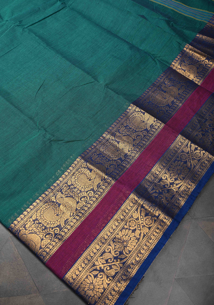 Teal Kanchi Cotton Saree with Zari Border, No Blouse piece