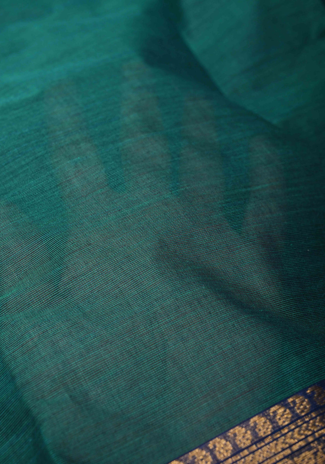 Teal Kanchi Cotton Saree with Zari Border, No Blouse piece