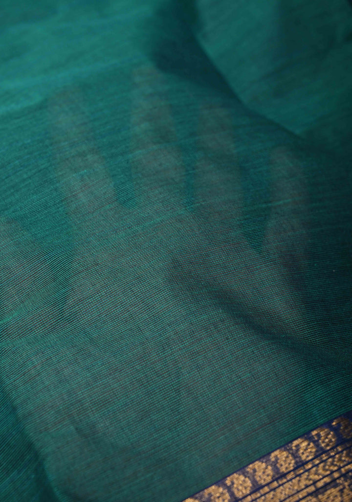Teal Kanchi Cotton Saree with Zari Border, No Blouse piece