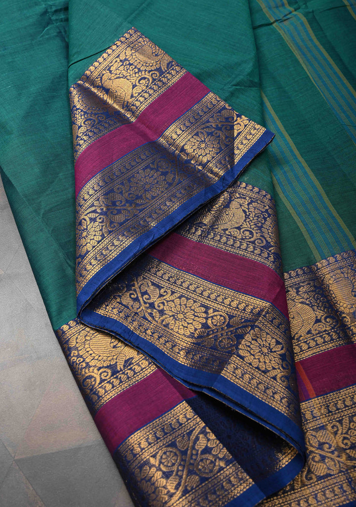 Teal Kanchi Cotton Saree with Zari Border, No Blouse piece
