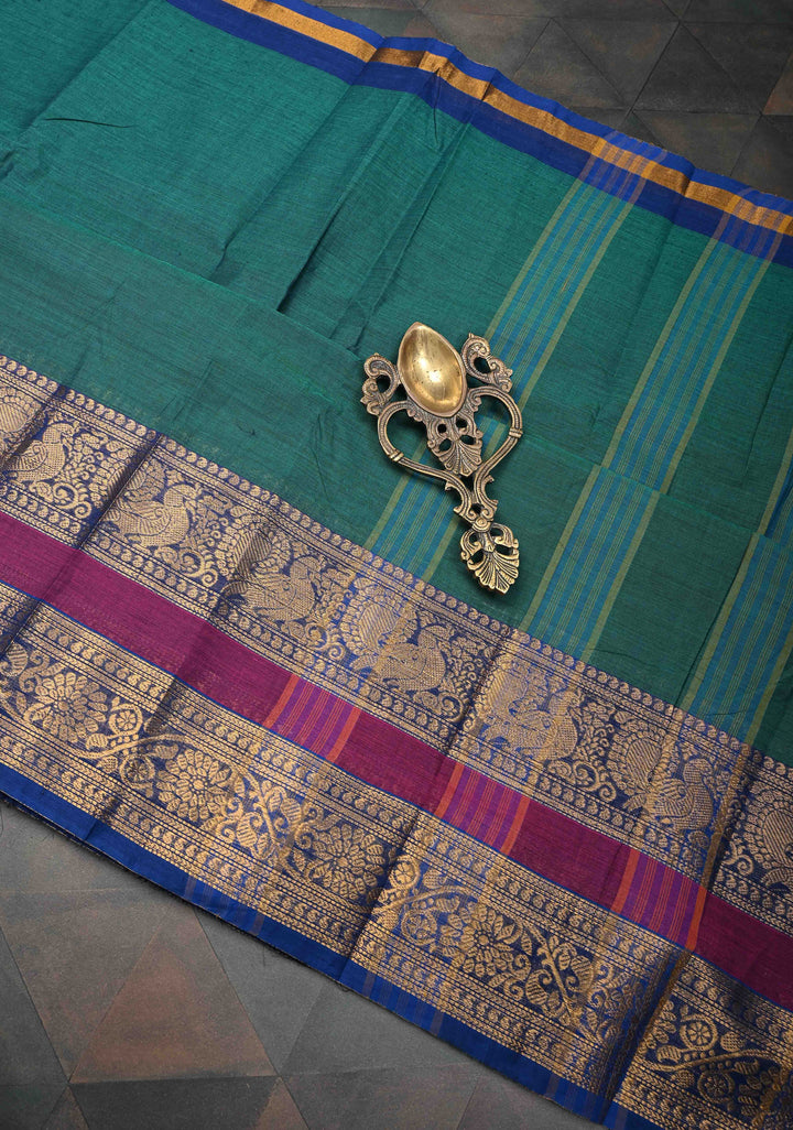 Teal Kanchi Cotton Saree with Zari Border, No Blouse piece