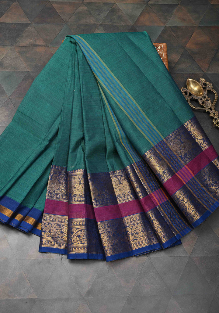 Teal Kanchi Cotton Saree with Zari Border, No Blouse piece