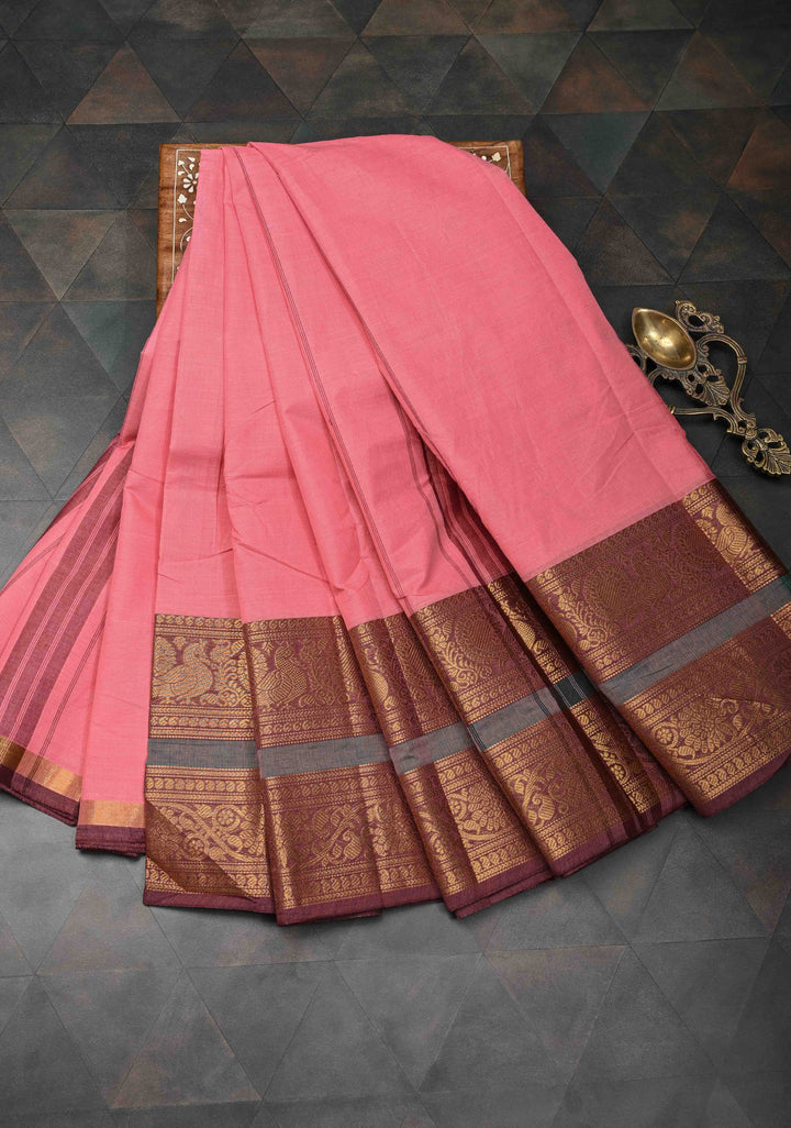 Rose Pink Kanchi Cotton Saree with Zari Border, No Blouse piece