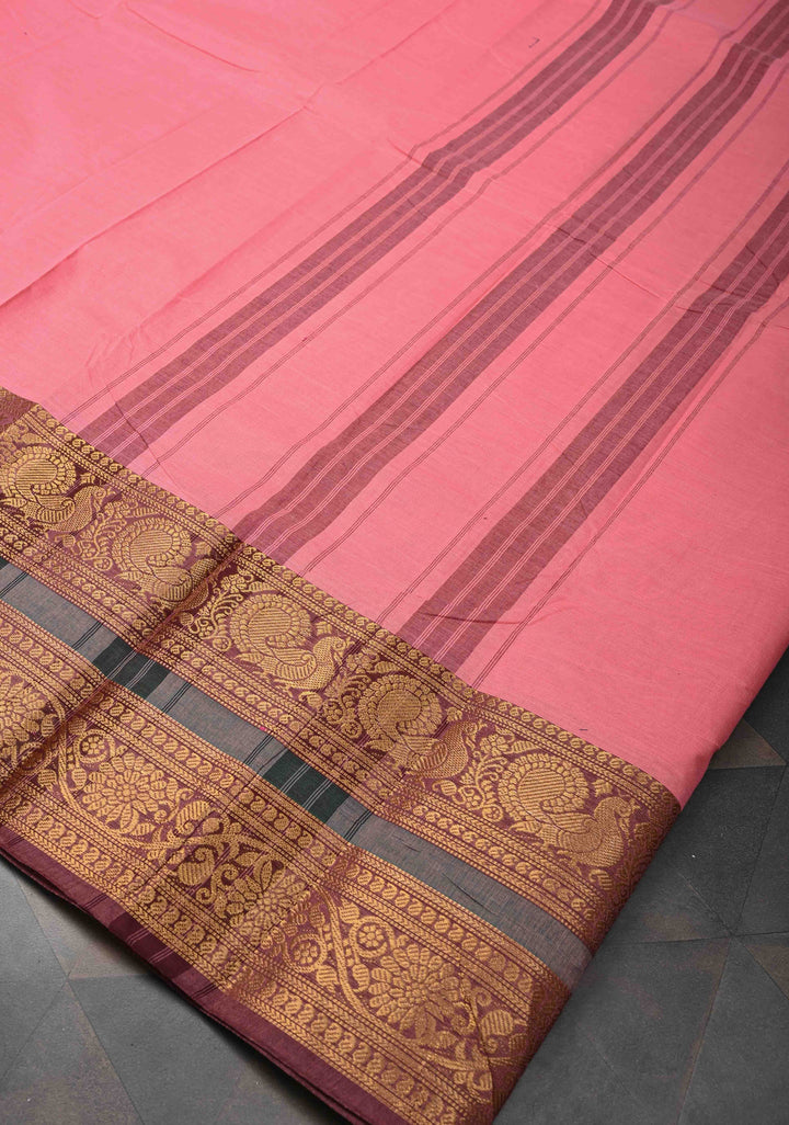 Rose Pink Kanchi Cotton Saree with Zari Border, No Blouse piece