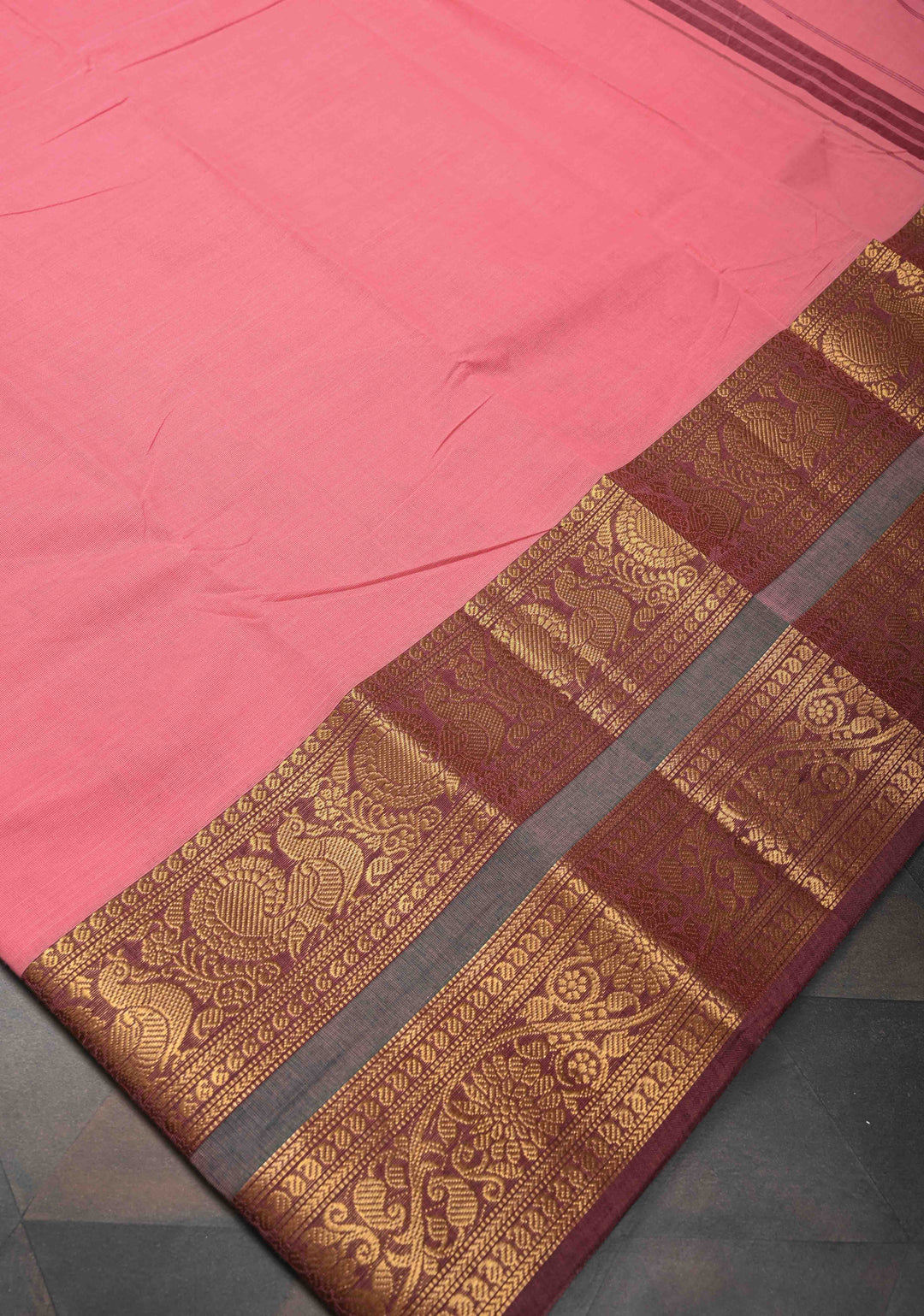 Rose Pink Kanchi Cotton Saree with Zari Border, No Blouse piece