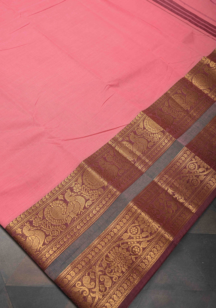 Rose Pink Kanchi Cotton Saree with Zari Border, No Blouse piece