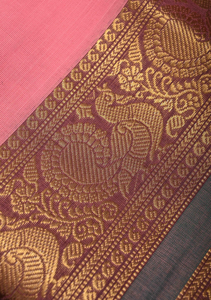 Rose Pink Kanchi Cotton Saree with Zari Border, No Blouse piece