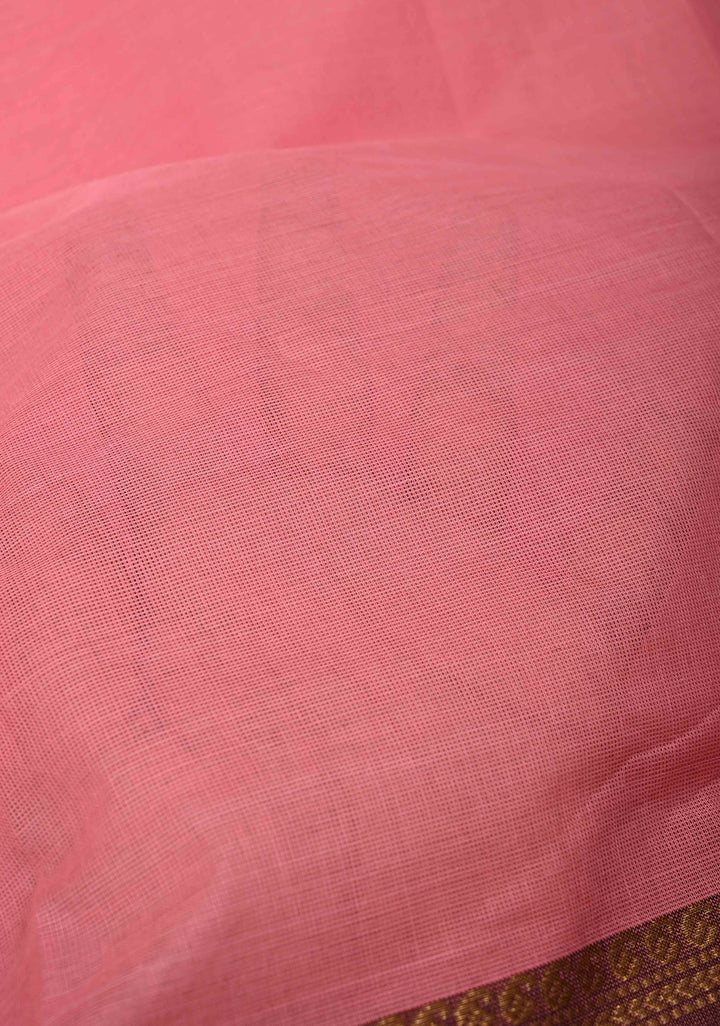 Rose Pink Kanchi Cotton Saree with Zari Border, No Blouse piece
