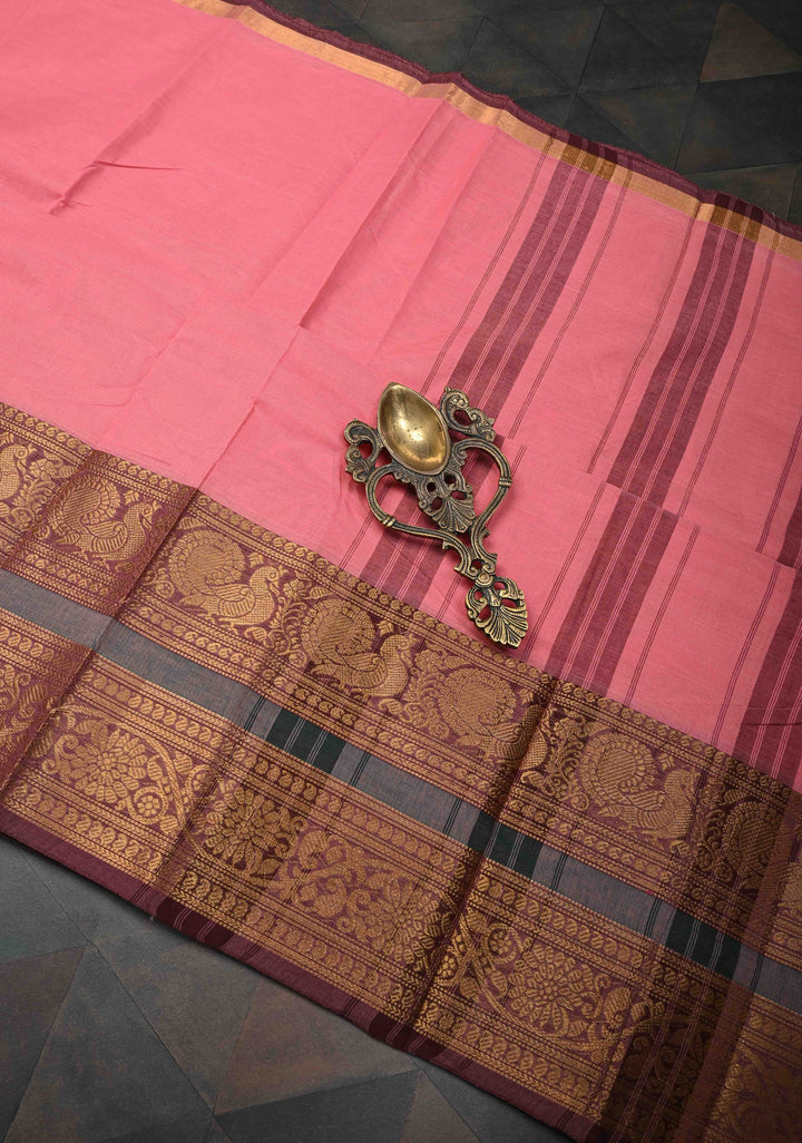 Rose Pink Kanchi Cotton Saree with Zari Border, No Blouse piece