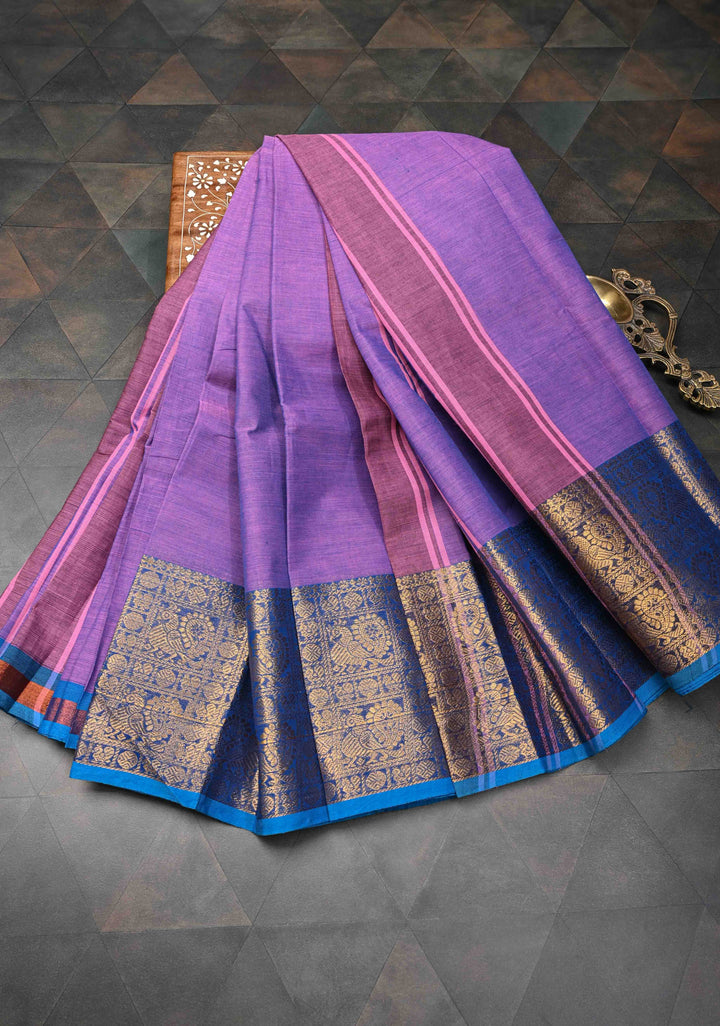 Lavender Kanchi Cotton Saree with Zari Border, No Blouse piece