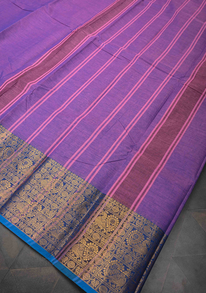 Lavender Kanchi Cotton Saree with Zari Border, No Blouse piece