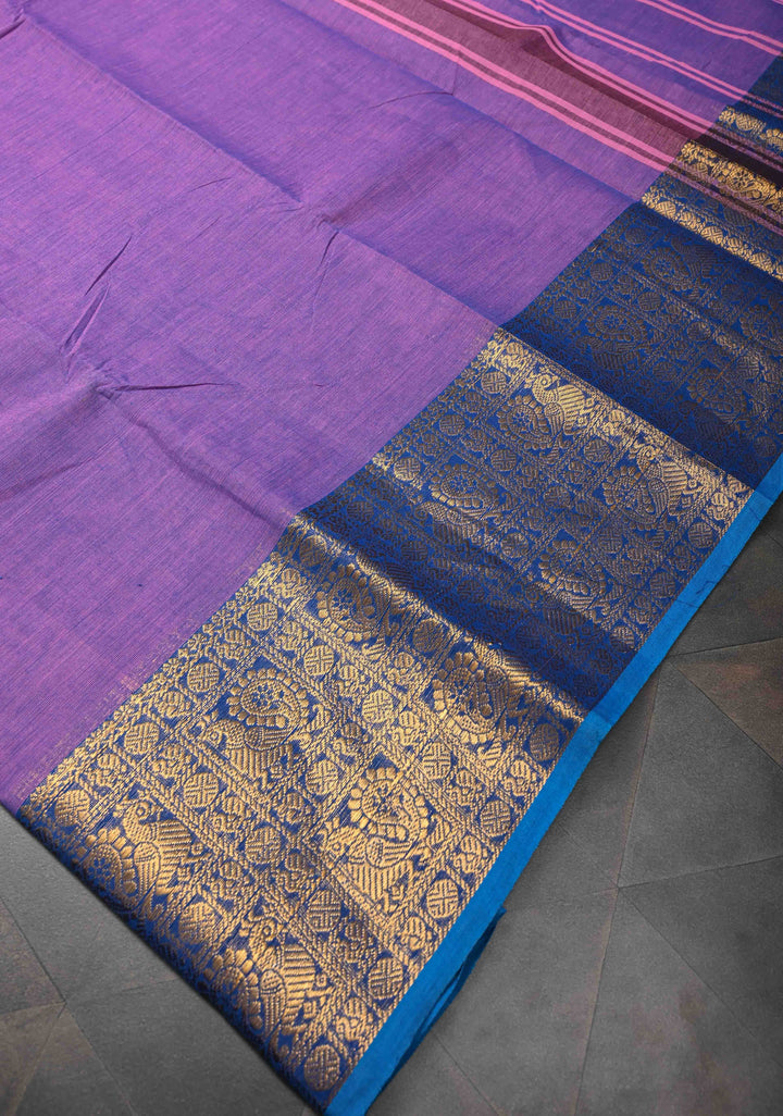 Lavender Kanchi Cotton Saree with Zari Border, No Blouse piece