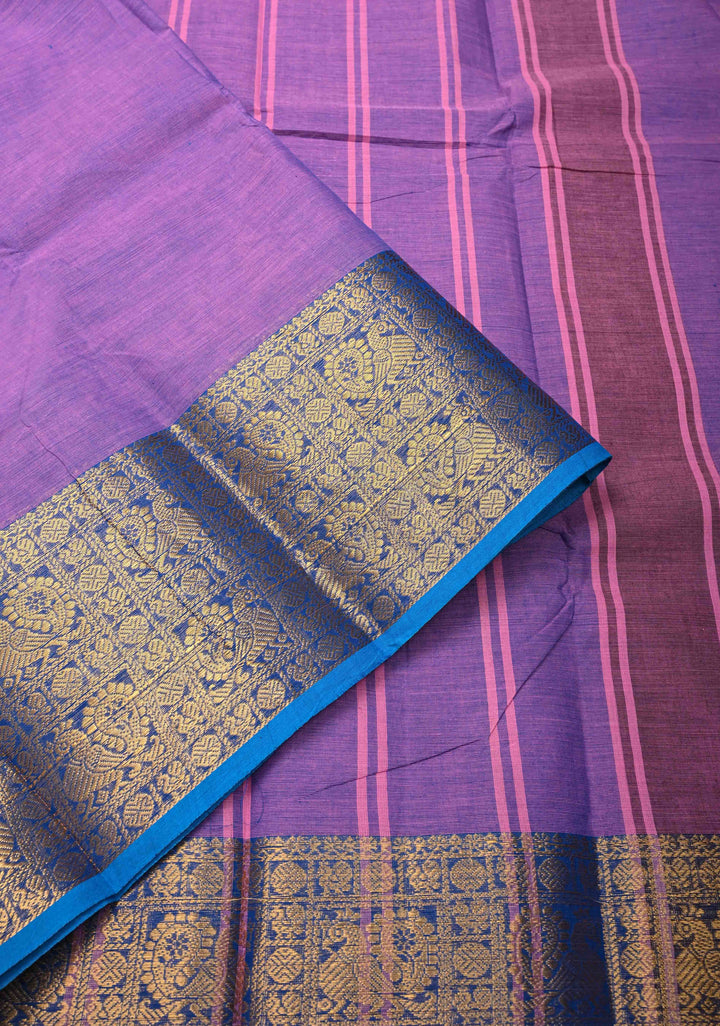 Lavender Kanchi Cotton Saree with Zari Border, No Blouse piece