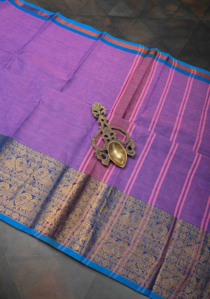 Lavender Kanchi Cotton Saree with Zari Border, No Blouse piece