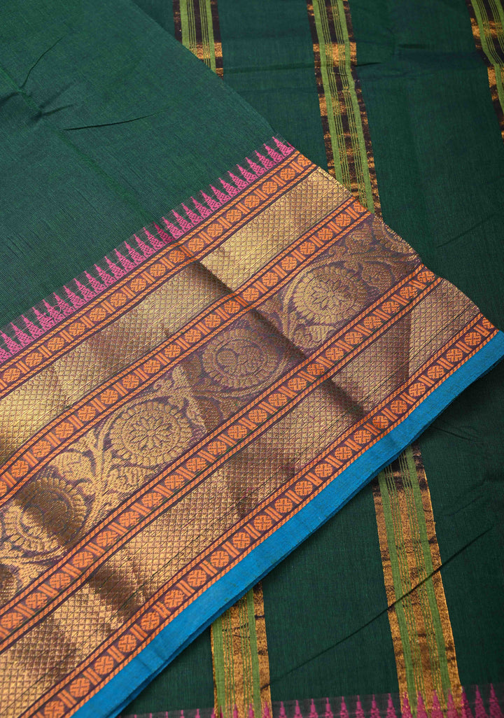 Bottle Green Kanchi Cotton Saree With Zari borders | No Blouse piece