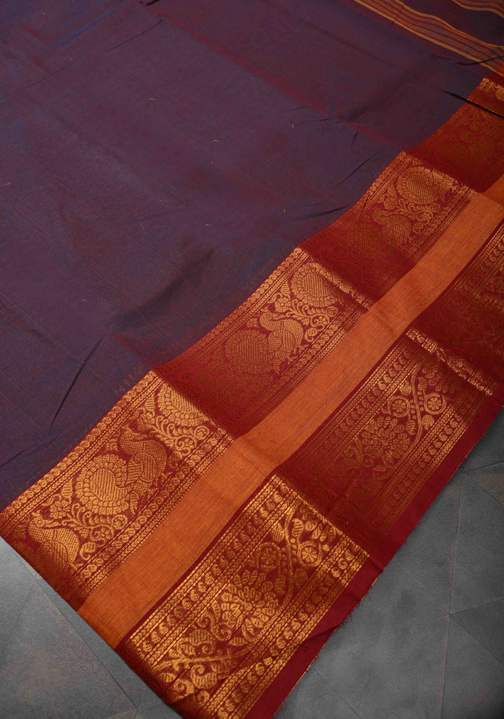 Plum Kanchi Cotton Saree with Contrast Zari Border, No Blouse piece