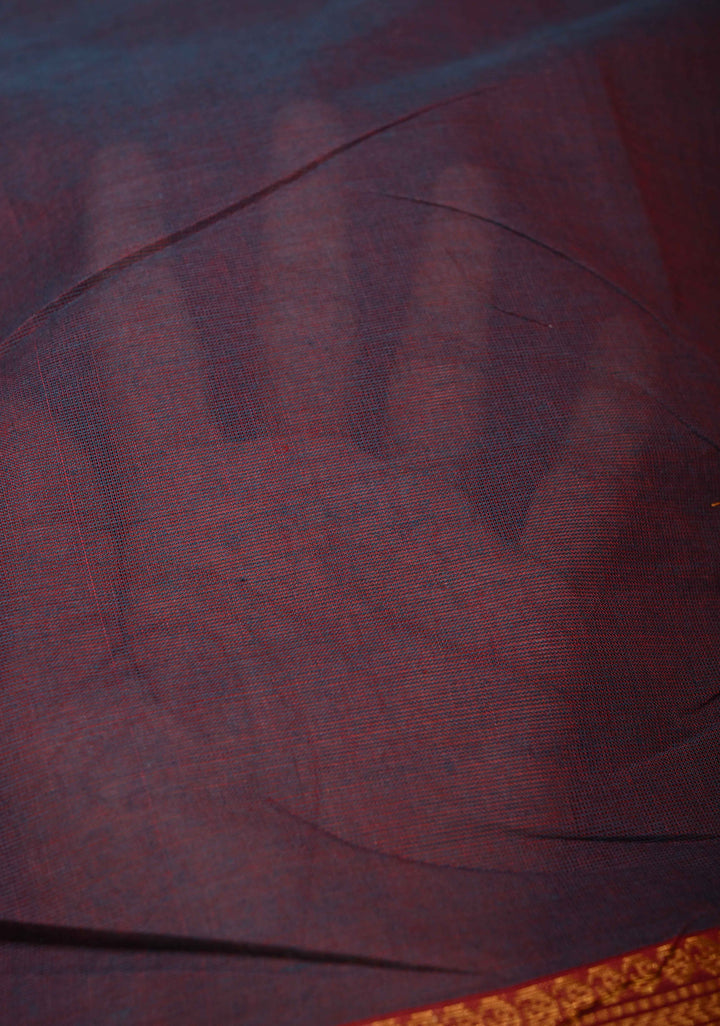 Plum Kanchi Cotton Saree with Contrast Zari Border, No Blouse piece