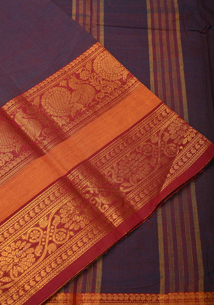 Plum Kanchi Cotton Saree with Contrast Zari Border, No Blouse piece
