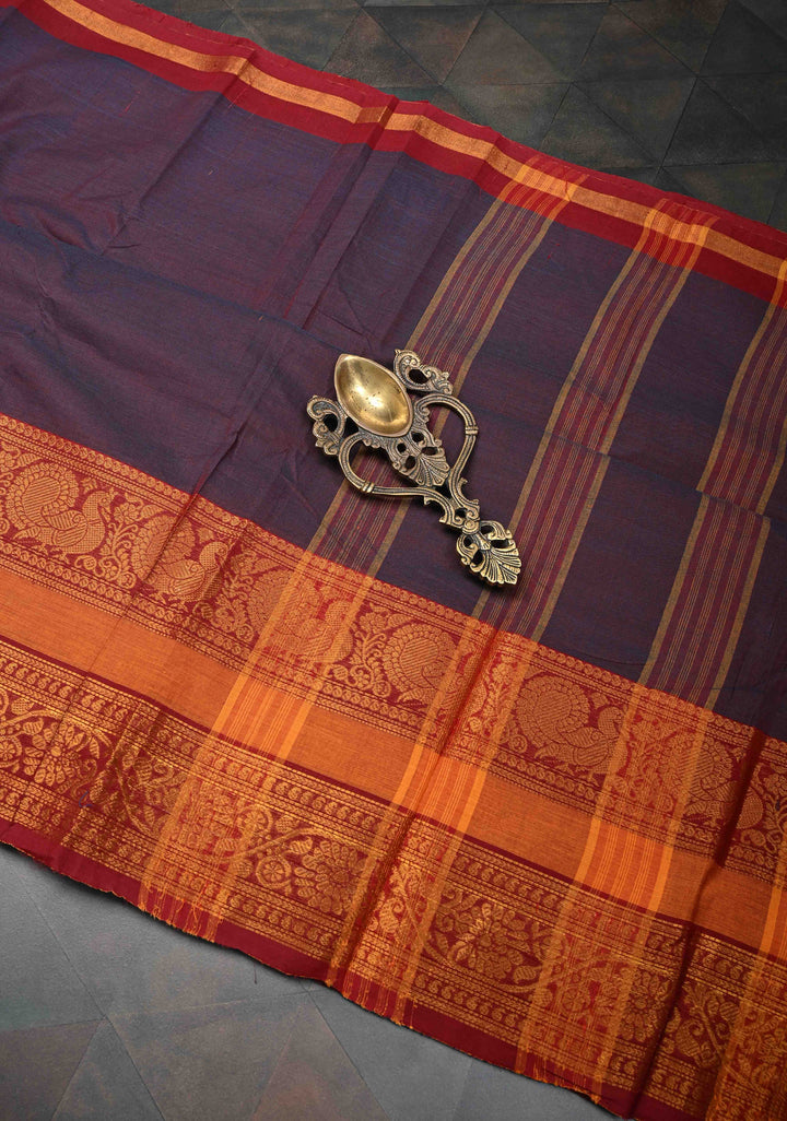 Plum Kanchi Cotton Saree with Contrast Zari Border, No Blouse piece