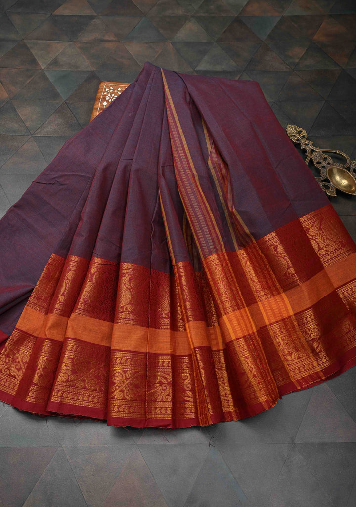 Plum Kanchi Cotton Saree with Contrast Zari Border, No Blouse piece
