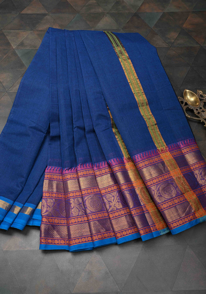 Navy Blue Kanchi Cotton Saree with Zari Border, No Blouse piece