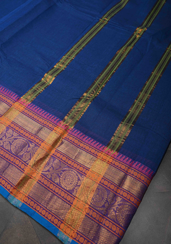 Navy Blue Kanchi Cotton Saree with Zari Border, No Blouse piece