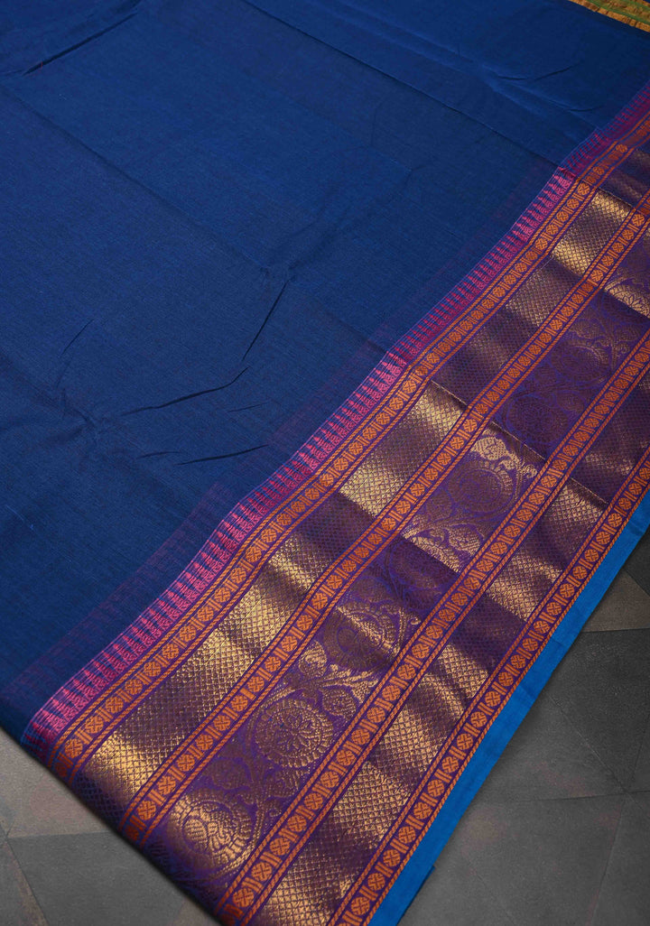 Navy Blue Kanchi Cotton Saree with Zari Border, No Blouse piece
