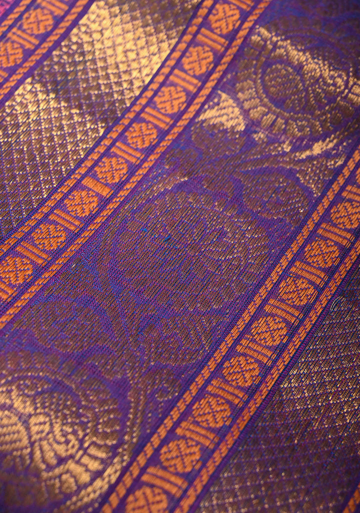 Navy Blue Kanchi Cotton Saree with Zari Border, No Blouse piece