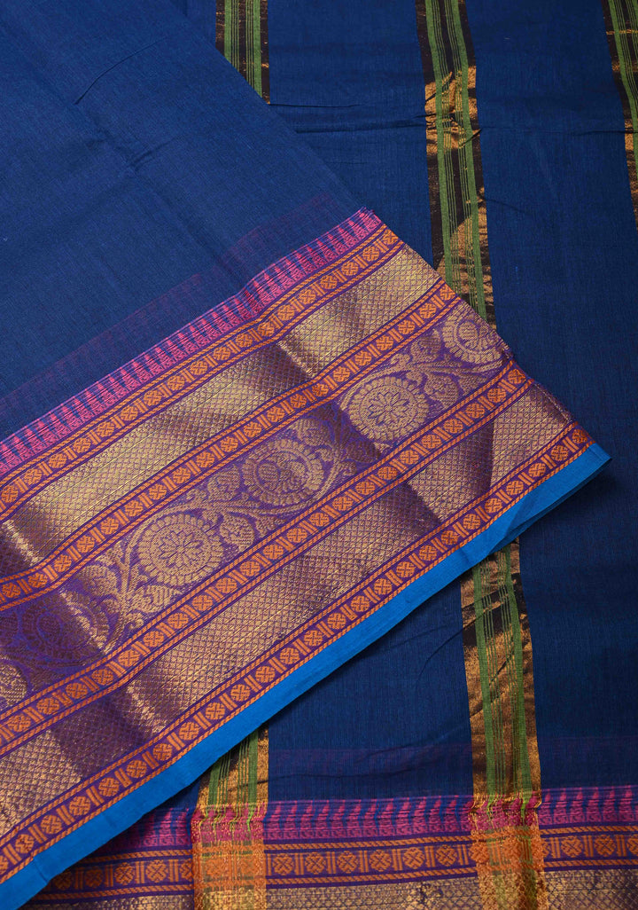 Navy Blue Kanchi Cotton Saree with Zari Border, No Blouse piece