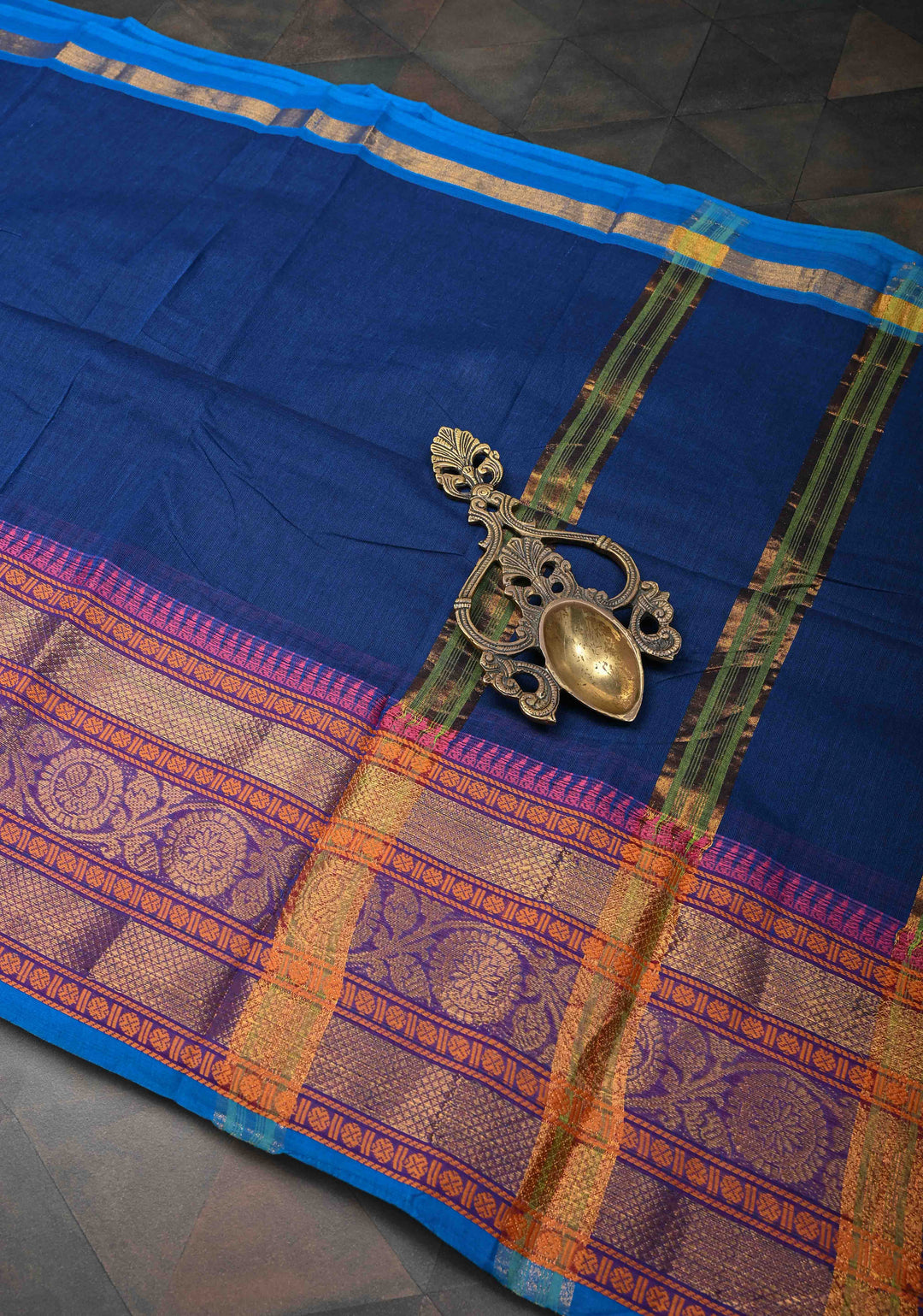 Navy Blue Kanchi Cotton Saree with Zari Border, No Blouse piece