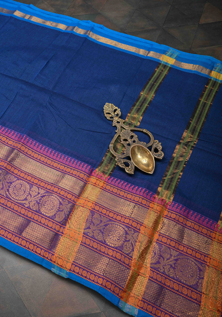 Navy Blue Kanchi Cotton Saree with Zari Border, No Blouse piece