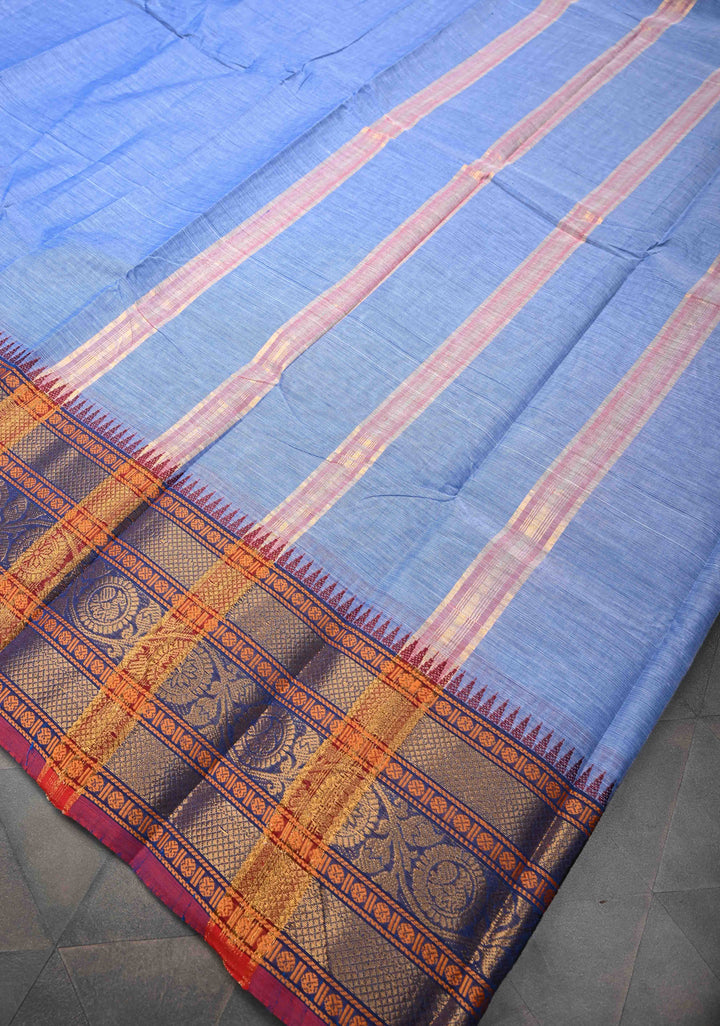 Light Blue Kanchi Cotton Saree with Contrast Zari Border, No Blouse piece