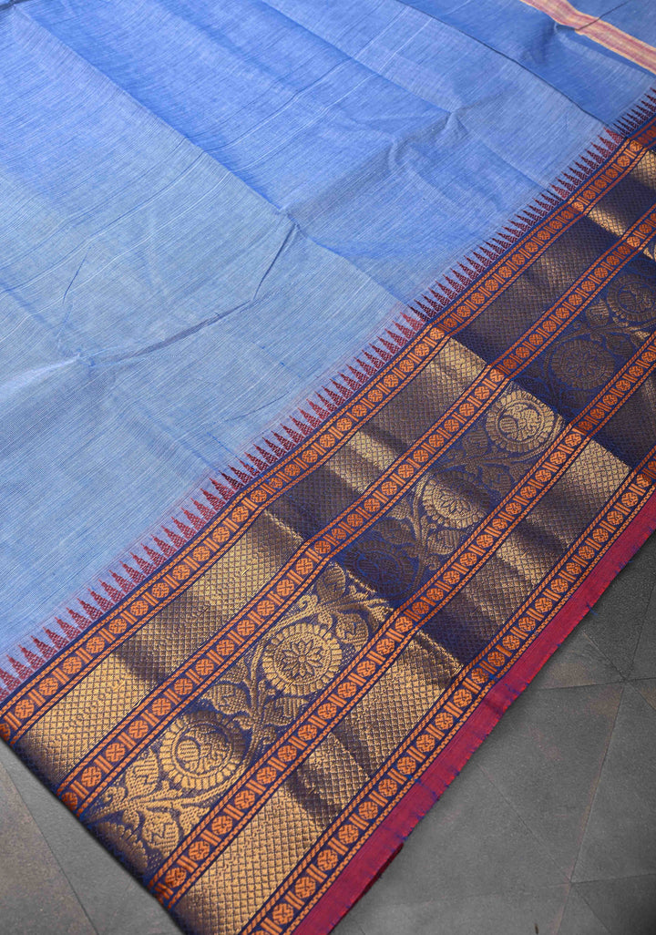 Light Blue Kanchi Cotton Saree with Contrast Zari Border, No Blouse piece