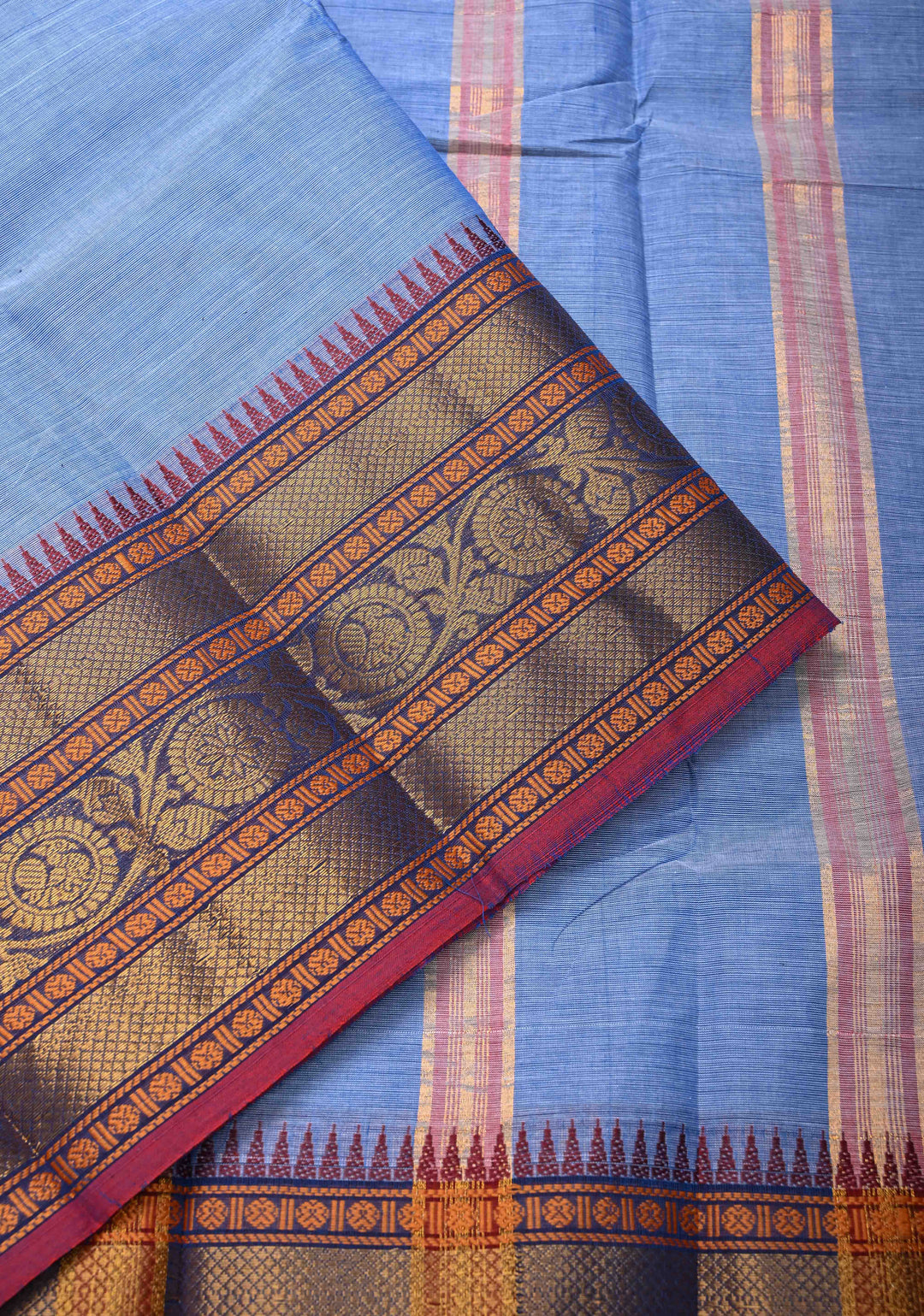 Light Blue Kanchi Cotton Saree with Contrast Zari Border, No Blouse piece