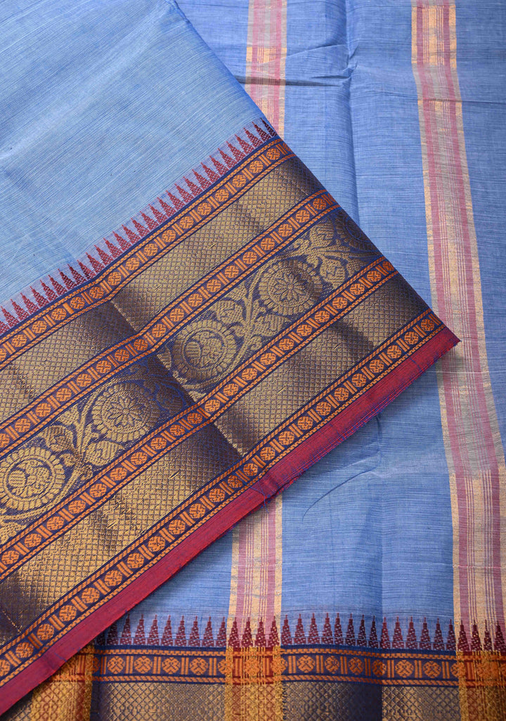 Light Blue Kanchi Cotton Saree with Contrast Zari Border, No Blouse piece