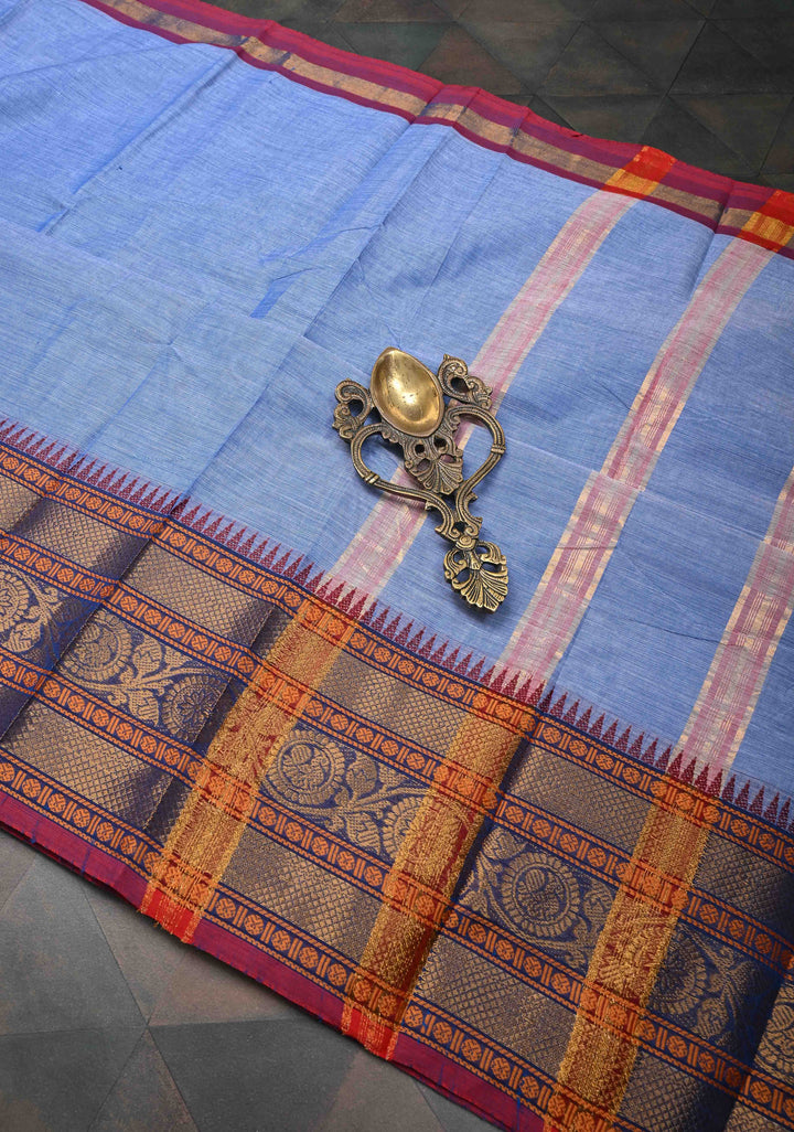 Light Blue Kanchi Cotton Saree with Contrast Zari Border, No Blouse piece