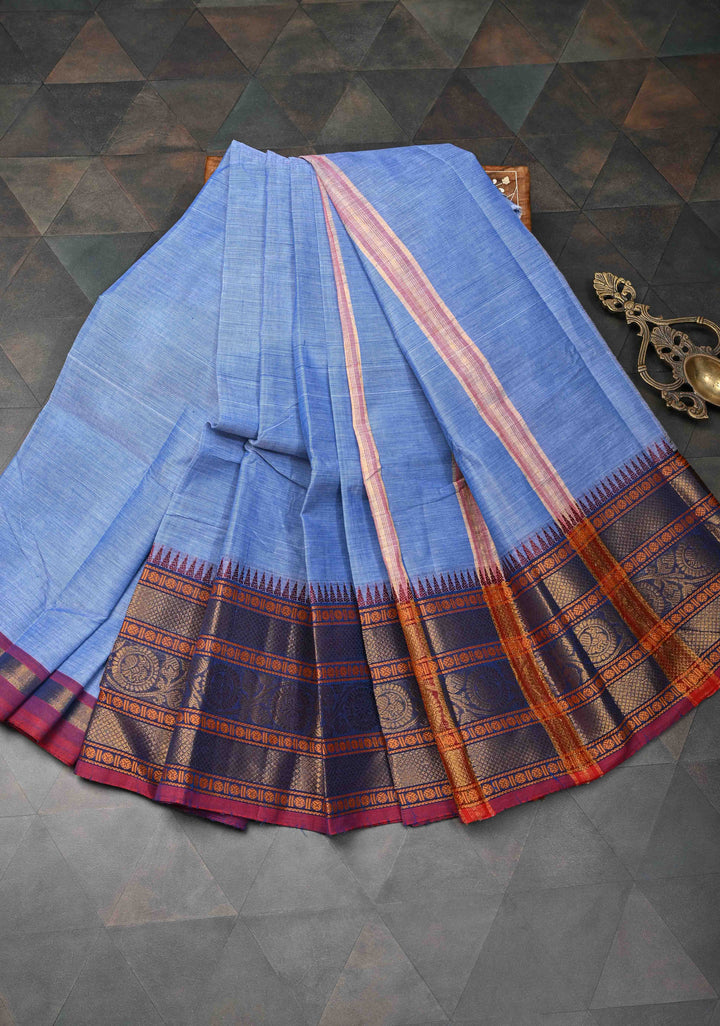 Light Blue Kanchi Cotton Saree with Contrast Zari Border, No Blouse piece