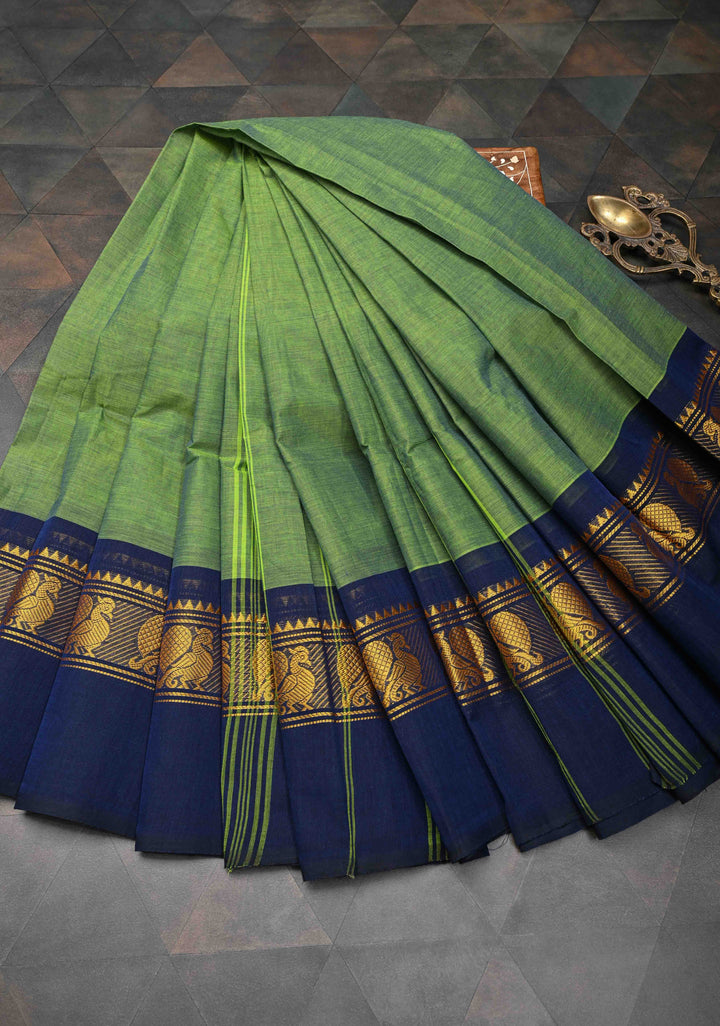 Lime Green Kanchi Cotton Saree with Contrast Zari Border, No Blouse piece
