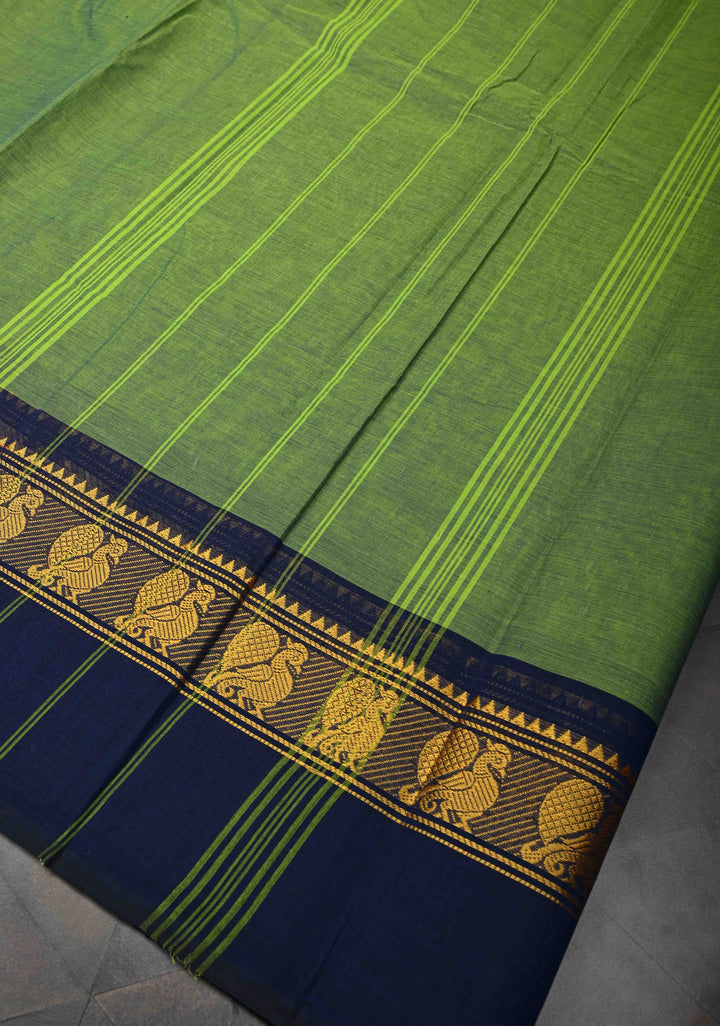 Lime Green Kanchi Cotton Saree with Contrast Zari Border, No Blouse piece