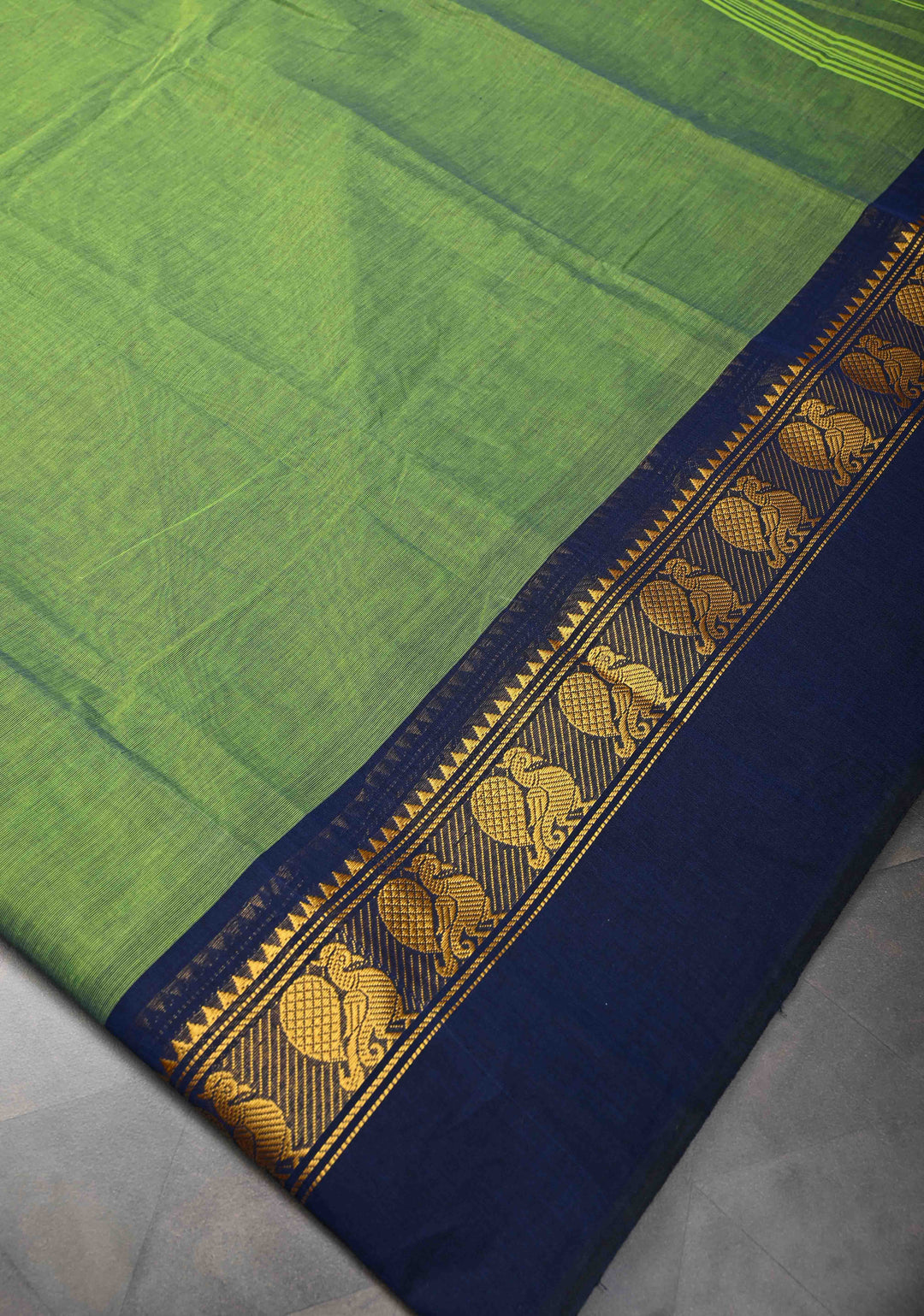 Lime Green Kanchi Cotton Saree with Contrast Zari Border, No Blouse piece