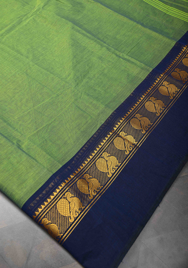 Lime Green Kanchi Cotton Saree with Contrast Zari Border, No Blouse piece