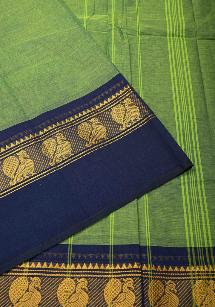 Lime Green Kanchi Cotton Saree with Contrast Zari Border, No Blouse piece