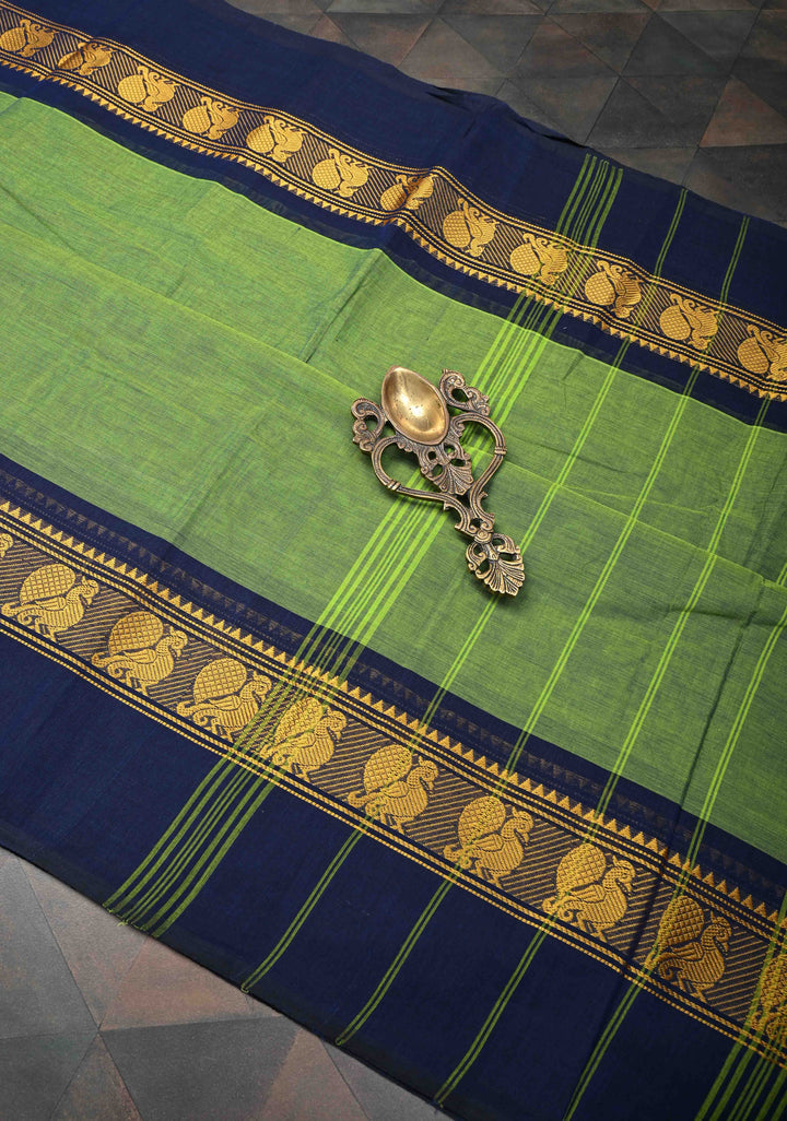 Lime Green Kanchi Cotton Saree with Contrast Zari Border, No Blouse piece