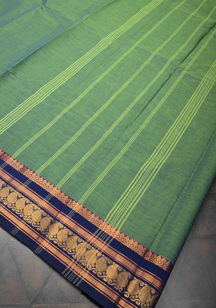 Pale Green Kanchi Cotton Saree with Contrast Zari Border, No Blouse piece