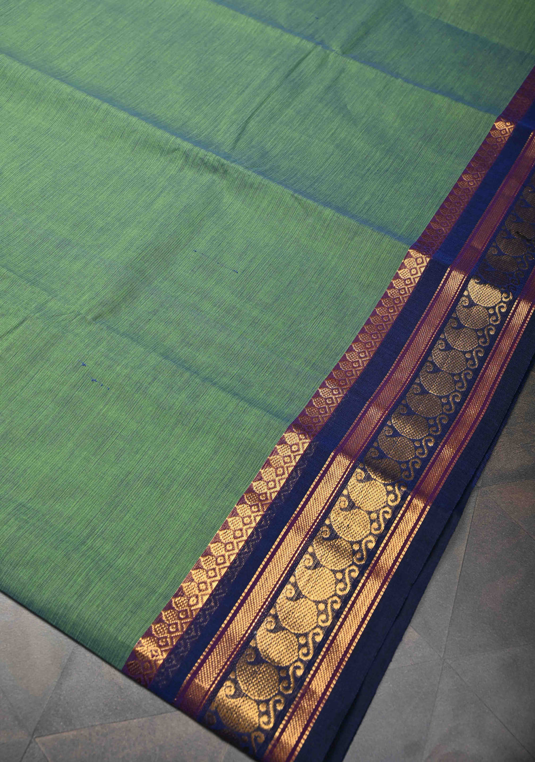 Pale Green Kanchi Cotton Saree with Contrast Zari Border, No Blouse piece