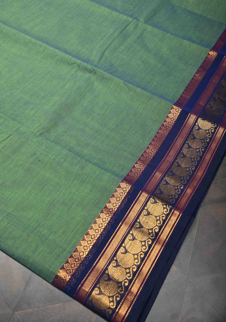 Pale Green Kanchi Cotton Saree with Contrast Zari Border, No Blouse piece