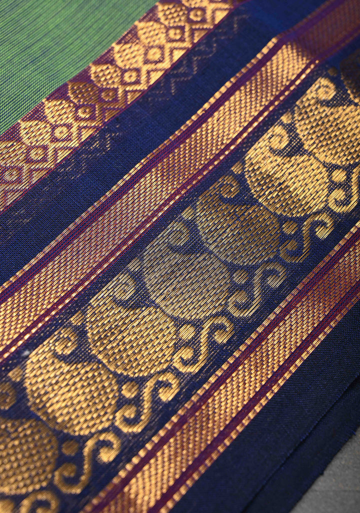 Pale Green Kanchi Cotton Saree with Contrast Zari Border, No Blouse piece