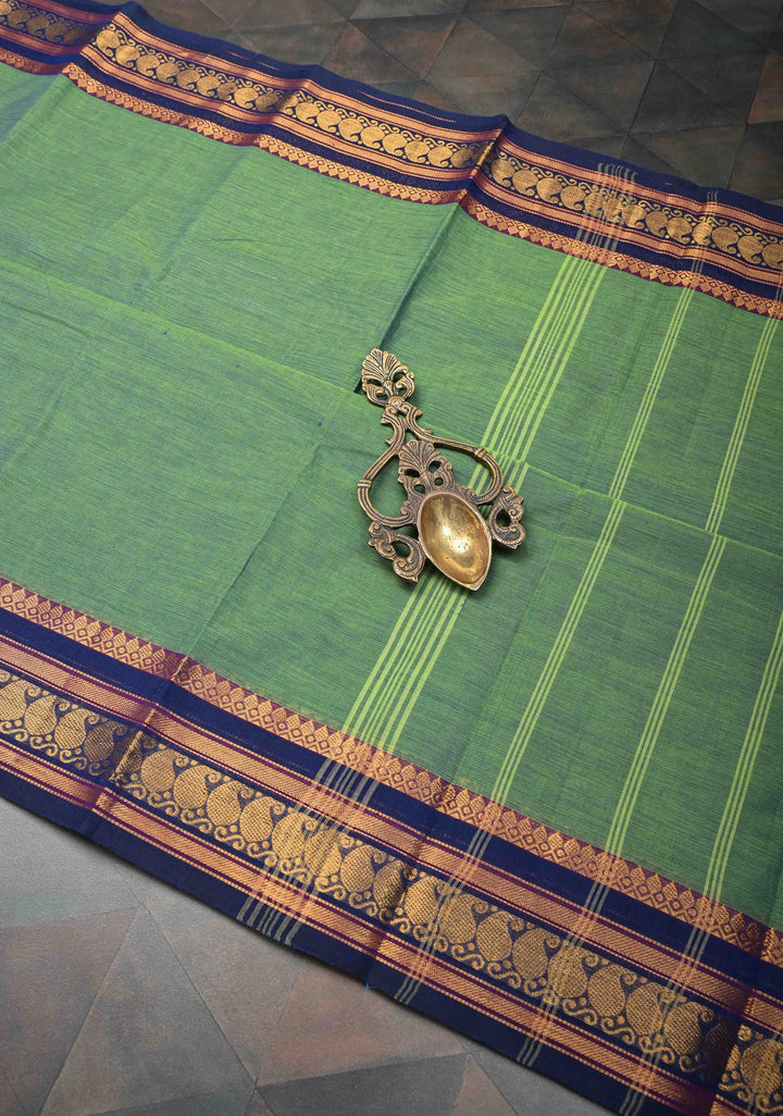 Pale Green Kanchi Cotton Saree with Contrast Zari Border, No Blouse piece