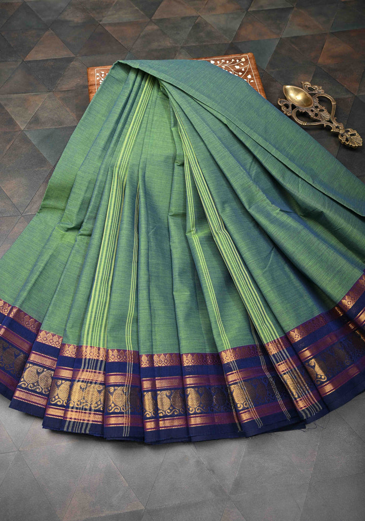 Pale Green Kanchi Cotton Saree with Contrast Zari Border, No Blouse piece